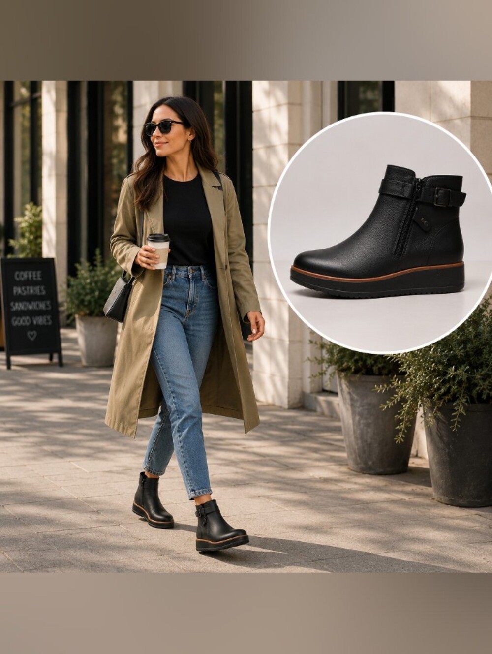 NWOB Clark Black Zylahfaye Wedge Ankle Booties with Strap Detail Size 9.5